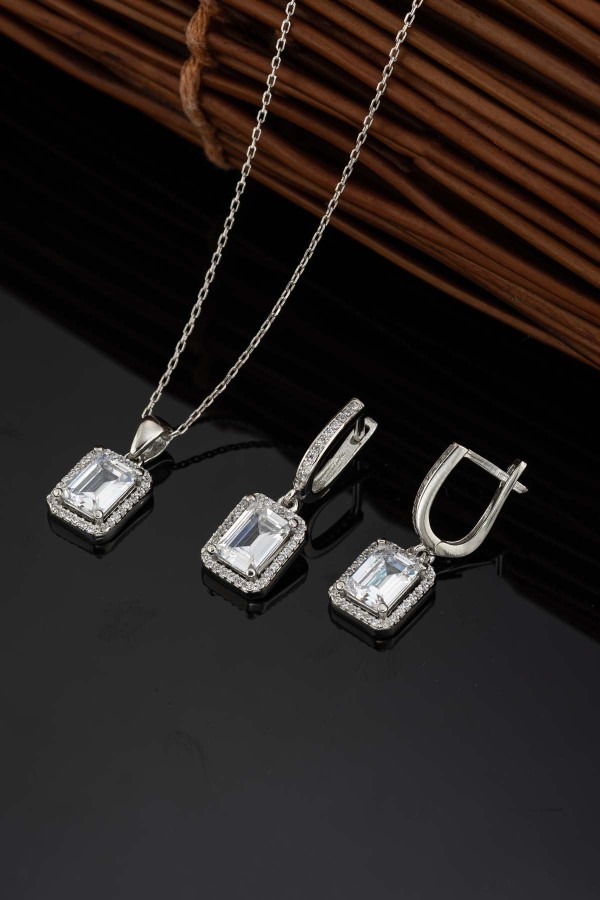 Gümüş Pazarım - Dikdörtgen Taşlı Baget Taşlı Gümüş Set