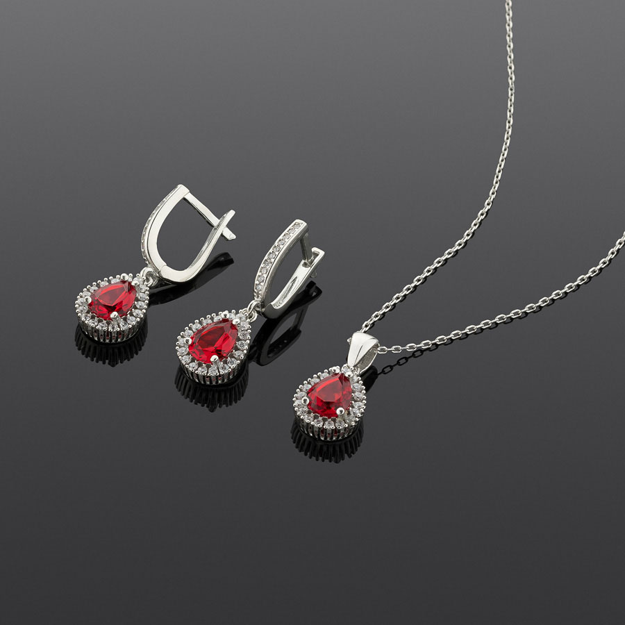 Drop Cut Ruby Silver Necklace Earrings