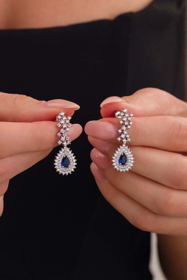 Gümüş Pazarım - Hürrem Sultan Modeli Safir Taşllı Damla Motifli 925 Ayar Gümüş Küpe (1)