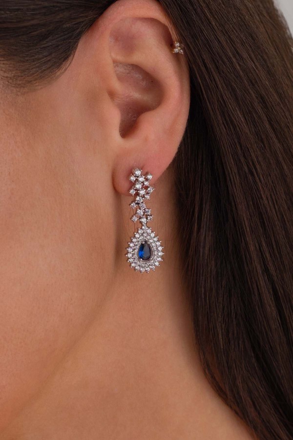 Gümüş Pazarım - Hürrem Sultan Modeli Safir Taşllı Damla Motifli 925 Ayar Gümüş Küpe