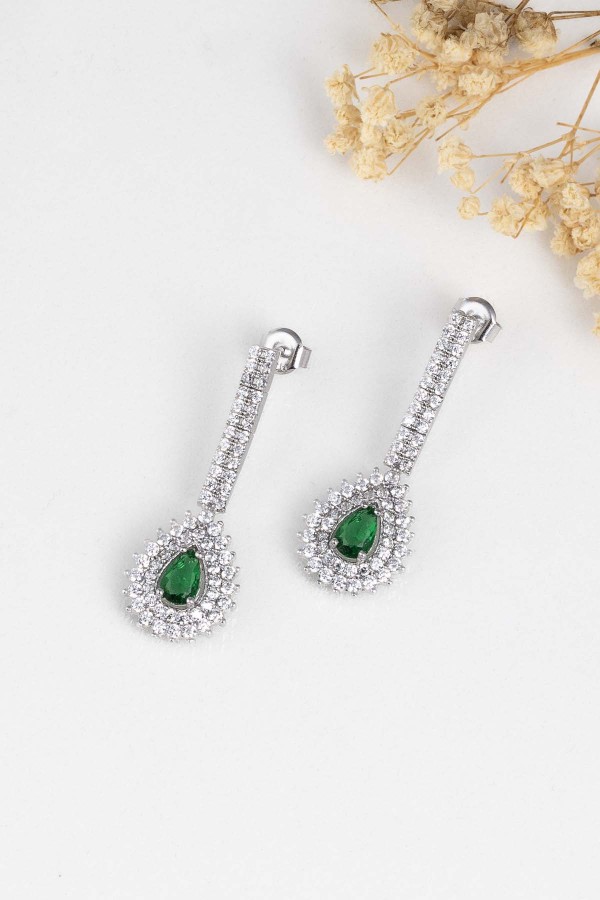 Gümüş Pazarım - Hürrem Sultan Modeli Zümrüt Taşllı Damla Motifli 925 Ayar Gümüş Küpe