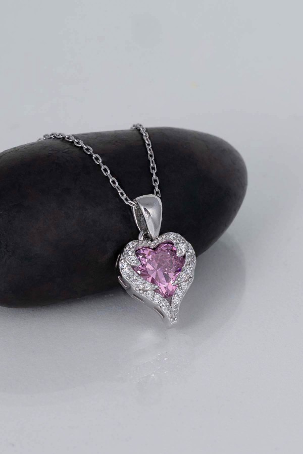 Gümüş Pazarım - Özel Tasarım Pembe Taşlı 925 Ayar Gümüş Kolye