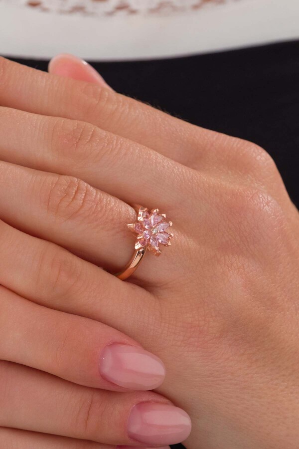 Gümüş Pazarım - Pembe Renkli Lotus Çiçeği Gümüş Yüzük (1)