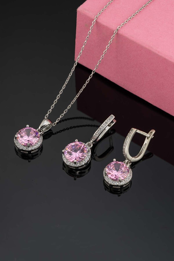 Gümüş Pazarım - Pembe Zirkon Yuvarlak Kesim Gümüş Set