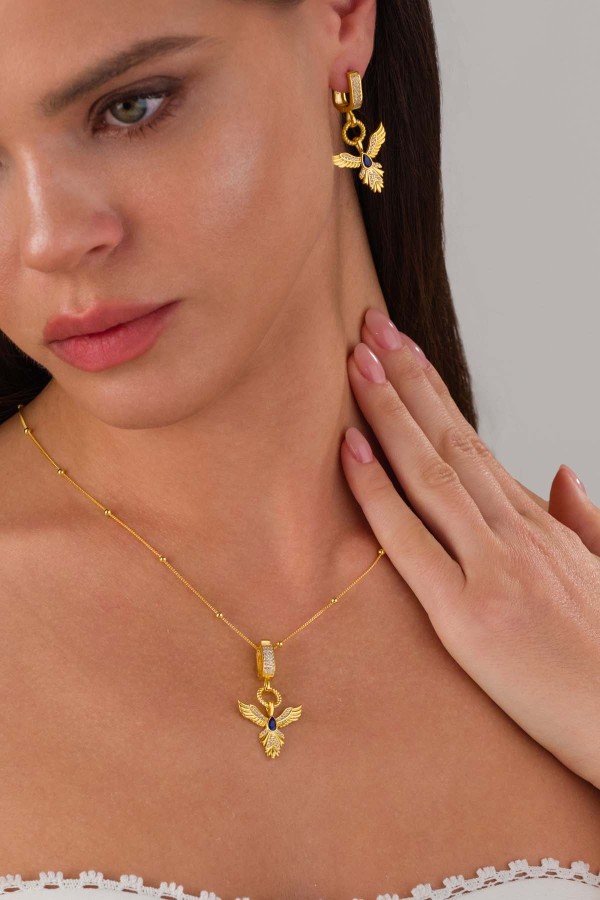 Gümüş Pazarım - Safir Taşlı Altın Kaplama Anka Kuşu 925 Ayar Gümüş Set