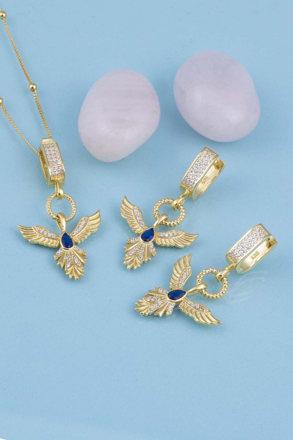 Gümüş Pazarım - Safir Taşlı Altın Kaplama Anka Kuşu 925 Ayar Gümüş Set (1)