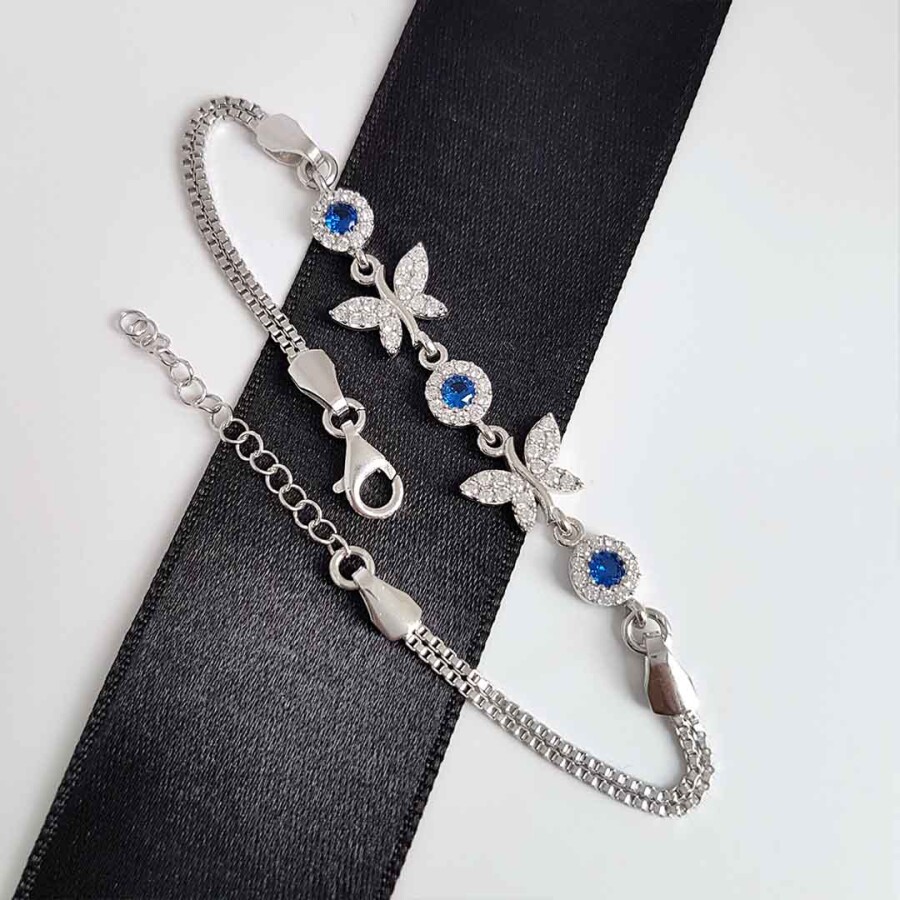 Gümüş Pazarım - Safir Taşlı Kelebek Motifli Gümüş Bileklik