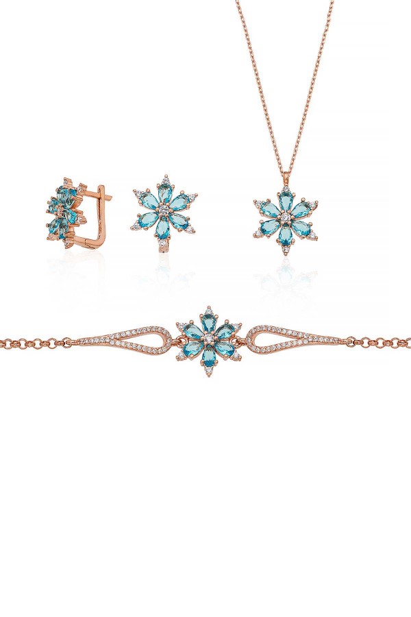 Gümüş Pazarım - Turkuaz Renkli Aster Çiçeği Gümüş Set
